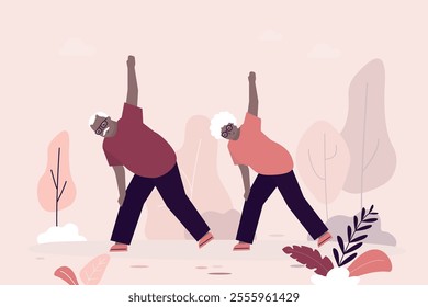 Senior couple exercising at city park. Outdoor yoga classes for elderly people. Healthy lifestyle, Body flexibility training. Pensioners male and female characters workout. Cartoon vector illustration