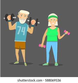 Senior couple exercising in a gym with dumbbell. Vector illustration of a flat design.