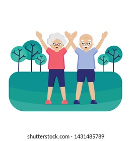 Senior couple is exercising in park.
