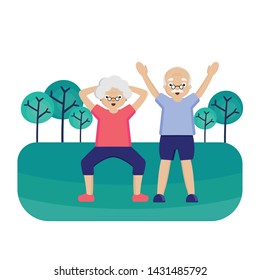Senior couple is exercising in park.