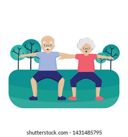 Senior couple is exercising in park.