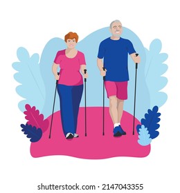 Senior couple exersice nordic walking in park. Flat vector Illustration abstract background.