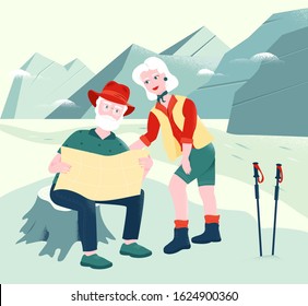 Senior couple is exploring the map in mountains. Scrambling, hiking and climbing attributes.