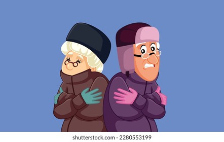 
Senior Couple Feeling Cold Wearing Warm Clothing Vector Cartoon. Unhappy elders feeling like freezing due to low temperatures in winter time
