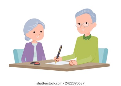 Senior couple filling out paperwork.Vector art that is easy to edit.