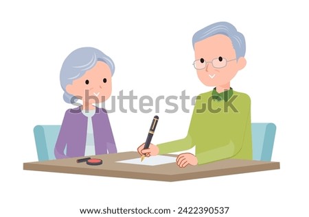 Senior couple filling out paperwork.Vector art that is easy to edit.