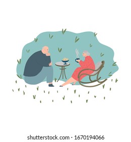 Senior couple in garden. Elderly people together. Old people in love. Man and woman on the path of life. Caring for each other. Vector illustration, freehand drawing