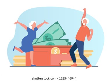 Senior couple getting profit and celebrating. Pension income and profit, flat vector illustration. Family budget, retirement concept for banner, money website design or landing web page
