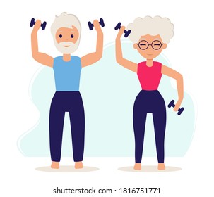 Senior couple goes in for sports. Elderly people exercise with dumbbells. Vector illustration in flat style. Old man and woman are active.