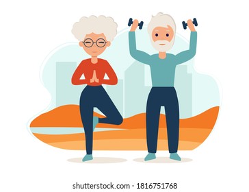 Senior couple goes in for sports on the street. Yoga practice. Vector illustration in flat style. Old man and woman are active outdoor