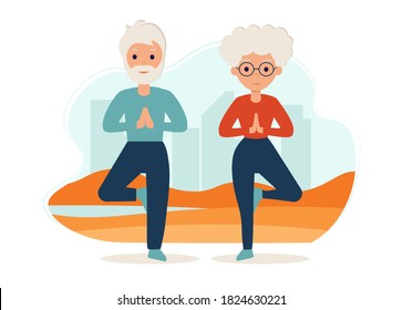 Senior couple goes in for sports on the street. Yoga practice. Vector illustration in flat style. Old man and woman are active outdoor