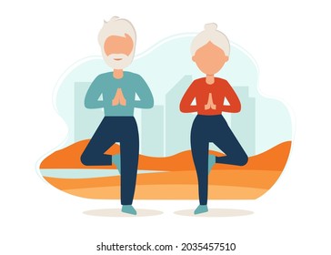 Senior couple goes in for sports on the street. Yoga practice. Vector illustration in flat style. Old man and woman are active outdoor.