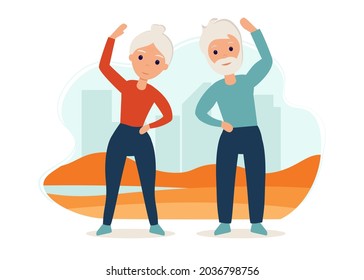 Senior couple goes in for sports on the street. Yoga practice. Vector illustration in flat style. Old man and woman are active outdoor.