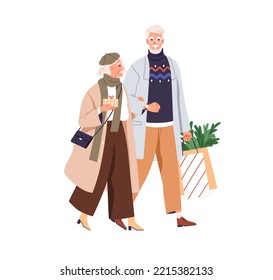 Senior couple going with Christmas shopping bags, gift box for winter holidays. Happy elderly people, spouse walking on street at Xmas eve. Flat vector illustration isolated on white background