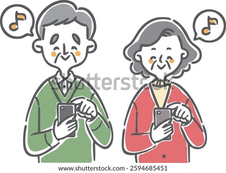 Senior couple in a good mood operating a smartphone, upper body, vector