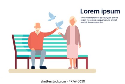 Senior Couple Grandmother And Grandfather Bench In Park Outdoors Flat Vector Illustration