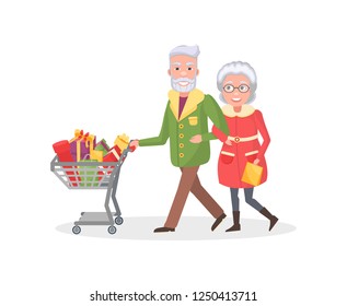Senior couple grandmother and grandfather do shopping together. Elderly people with cart full of presents, wrapped gift boxes, spend time together, vector