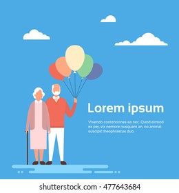 Senior Couple Grandmother And Grandfather Hold Air Balloons Flat Vector Illustration