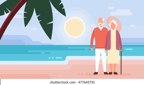 Senior Couple Grandmother And Grandfather on Seaside Sea Shore Background Flat Vector Illustration