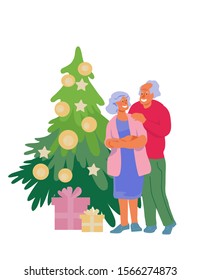 Senior couple, grandparents celebrating Christmas together. Family Xmas or New Year holiday with fir tree decorated to celebration and elderly people, flat vector illustration isolated.