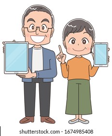Senior couple with gray hair.They use a smartphone and tablet.