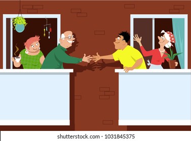 Senior Couple Greeting New Neighbors Standing On A Patio At A Multifamily Retirement Community, EPS 8 Vector Illustration