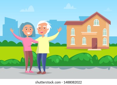 Senior couple with grey hair standing in front of house. Cheerful aged people, grandmother and grandfather. Building on background. Vector illustration in flat cartoon style