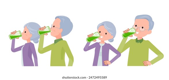 Senior couple gulping down green juice. Sideways.