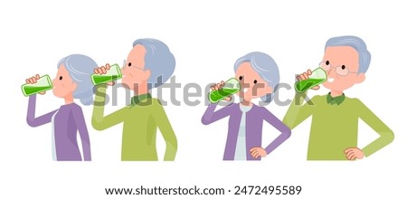Senior couple gulping down green juice. Sideways.