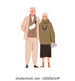 La pareja de adultos mayores felices con ropa moderna casual. Vieja esposa usando ropa elegante de moda, zapatos de pistola. Ilustración vectorial gráfica plana aislada en fondo blanco