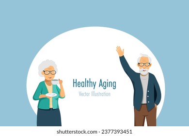 Senior couple in happy manner. Healthy aging, active elderly and health care. Vector.