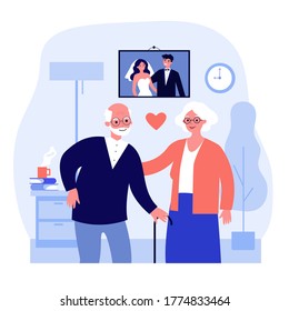 Una pareja mayor feliz juntos en la jubilación. Amor, corazón, juntos ilustración vectorial plana. Concepto de familia y relación para banner, diseño de sitio web o página web de inicio