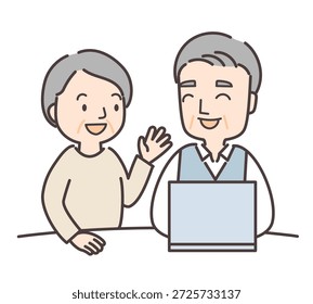 Casal sênior conversando na frente de um notebook.