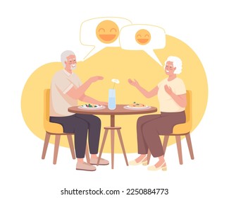 Senior couple having dinner together and laughing 2D vector isolated illustration. Older friends flat characters on cartoon background. Colorful editable scene for mobile, website, presentation