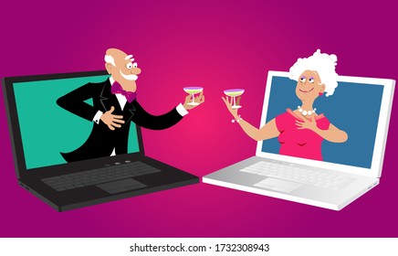 Senior couple having an online date, figures sticking out of laptop screens, EPS 8 vector illustration