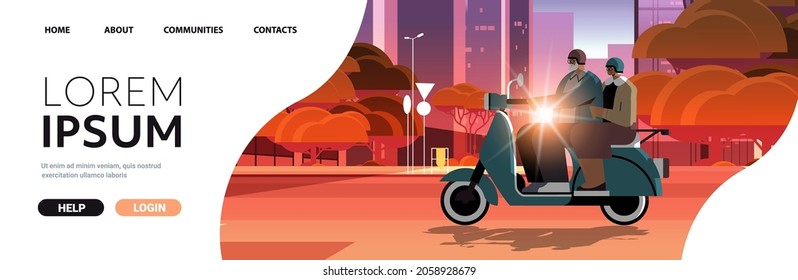 senior couple in helmets driving scooter on city street grandparents traveling on moped active old age concept
