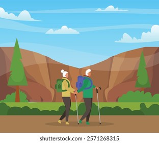 Senior Couple Hiking in a Scenic Mountain Landscape 2d flat vector illustrations