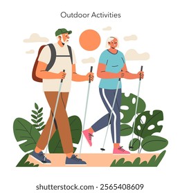 Senior couple hiking together showcasing active lifestyle and companionship against loneliness in retirement. Vector illustration.