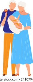Senior couple holding baby, grandparents with grandchild, family generation love. Elderly bonding with infant, nurturing care vector illustration.
