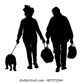 Senior couple holding hand and walking the street with dog. After shopping time in market. Happy elderly seniors couple  together on white background. 