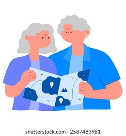 senior couple holding a map while traveling flat vector illustration