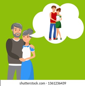 Senior Couple Hugging Flat Vector Illustration. Happy Elderly Man and Woman Remembering Youth Cartoon Characters. Smiling Old People Thinking of Past. Living Life Together. Retirement. Grandparents