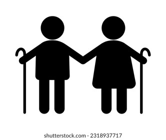 Senior couple icon. Elderly people with canes sign. Grandparents holding hands, love concept. Vector illustration isolated on white background