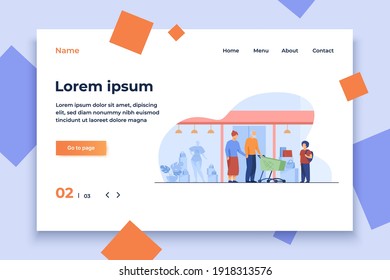 Senior couple and kid shopping in mall. Boy, grandparents, cart, store window flat vector illustration. Commerce, family, generation concept for banner, website design or landing web page