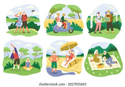 Senior couple leisure time. Elderly man and woman enjoyment, joint activities and hobbies, outdoors walking, picnic in park, beach holidays on ocean, riding bike. Vector cartoon set