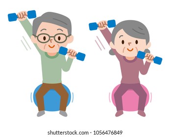 Senior couple lifting dumbbells while sitting on exercise ball