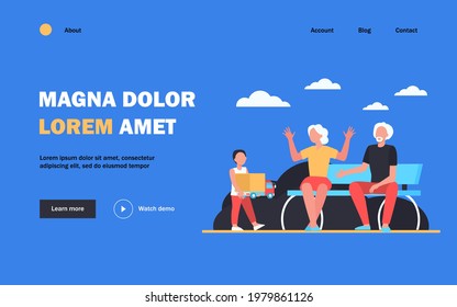 Senior couple looking after grandson outdoors. Boy carrying toy to grandparents flat vector illustration. Family, generation, grandchildren concept for banner, website design or landing web page