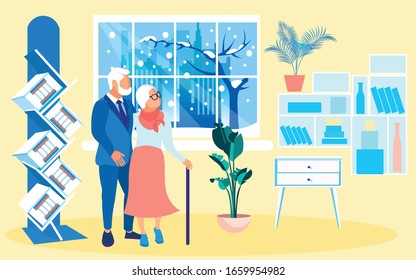 Senior Couple Looking Around Store Exhibition Hall. Stand with Samples in Section. Cozy Room with Shelving and Floor Planter. Big Window with Snowy Winter City and Bare Tree Outside.