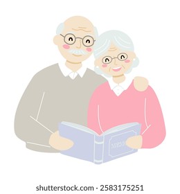 A senior couple looking through an old photo album, reminiscing about their past