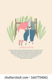 Senior couple in love. Elderly people sitting in park and hug together. Old people in love. Man and woman on the path of life. Vector hand drawn illustration